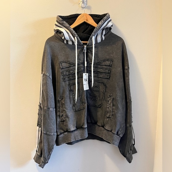Jackets & Blazers - Gray Hooded Sweatshirt with Stripes